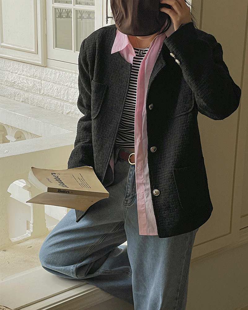 모블 스탠다드 포켓 노카라 트위드 자켓(2color)